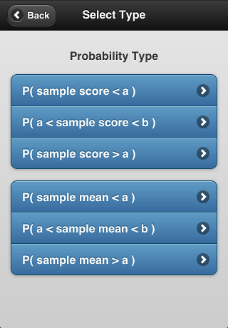 screenshot of first app screen - pick probability type